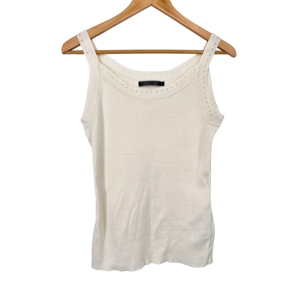 Peruvian Connection Sweater Tank Top Womens L Cream Knit Pima Cotton Pointelle